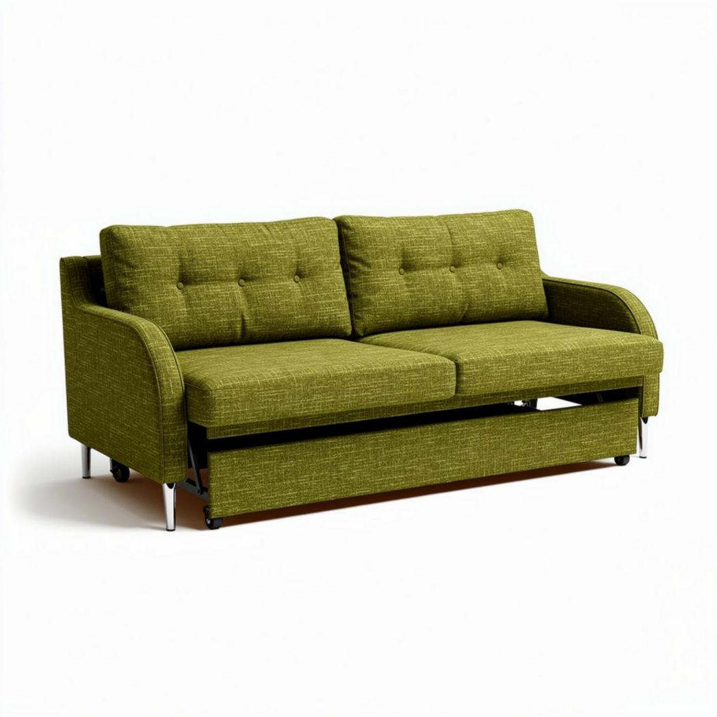 Slaapbank in olijfgroen stof met metalen poten 200 x 90 x 85 cm