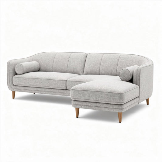 Moderne hoekbank van grijs stof met houten poten 230 x 90 x 85cm