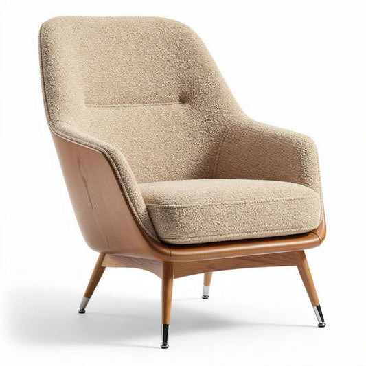 Lichtbruine fauteuil van stof met houten frame en ronde poten 80 x 85 x 90cm