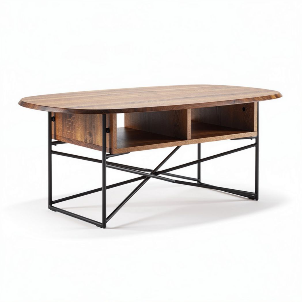 Salontafel in hout en metaal 120 x 60 x 45cm met open opbergruimte