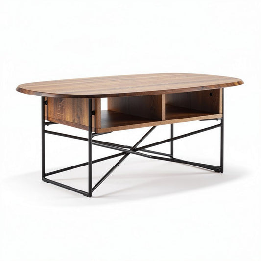 Salontafel in hout en metaal 120 x 60 x 45cm met open opbergruimte